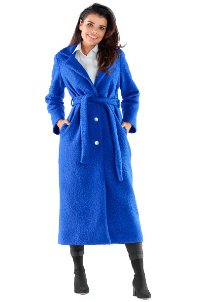 Płaszcz damski baranek długi prosty zapinany i wiązany niebieski